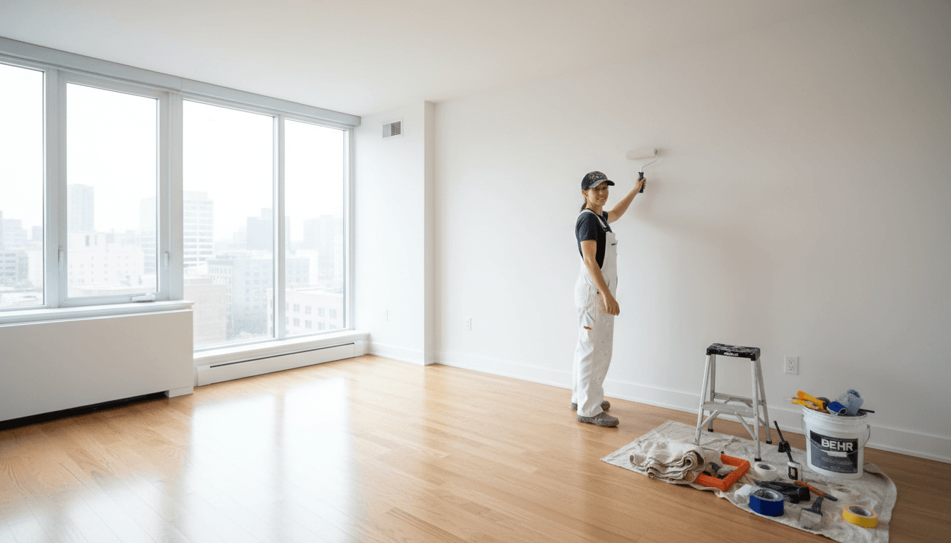 Professional painter finishing pristine apartment interior